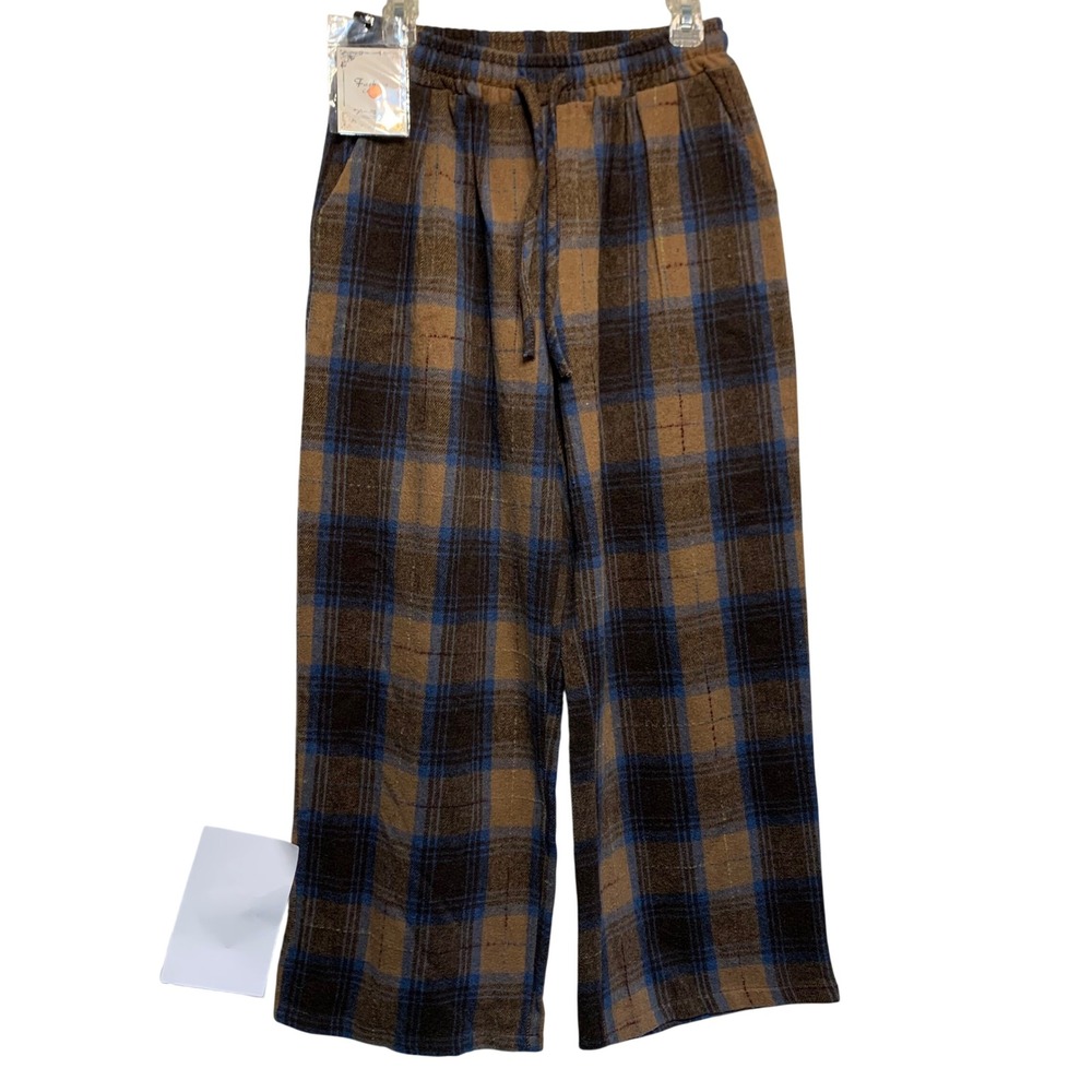 NWT Plaid Pants Size L Brown Blue Wide Leg Dark Academia Grunge Tartan Soft Girl